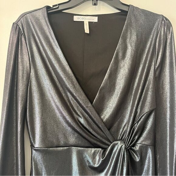 BCBG Generation Silver Black Sheen Long Sleeve Short Dress Small - Picture 8 of 10